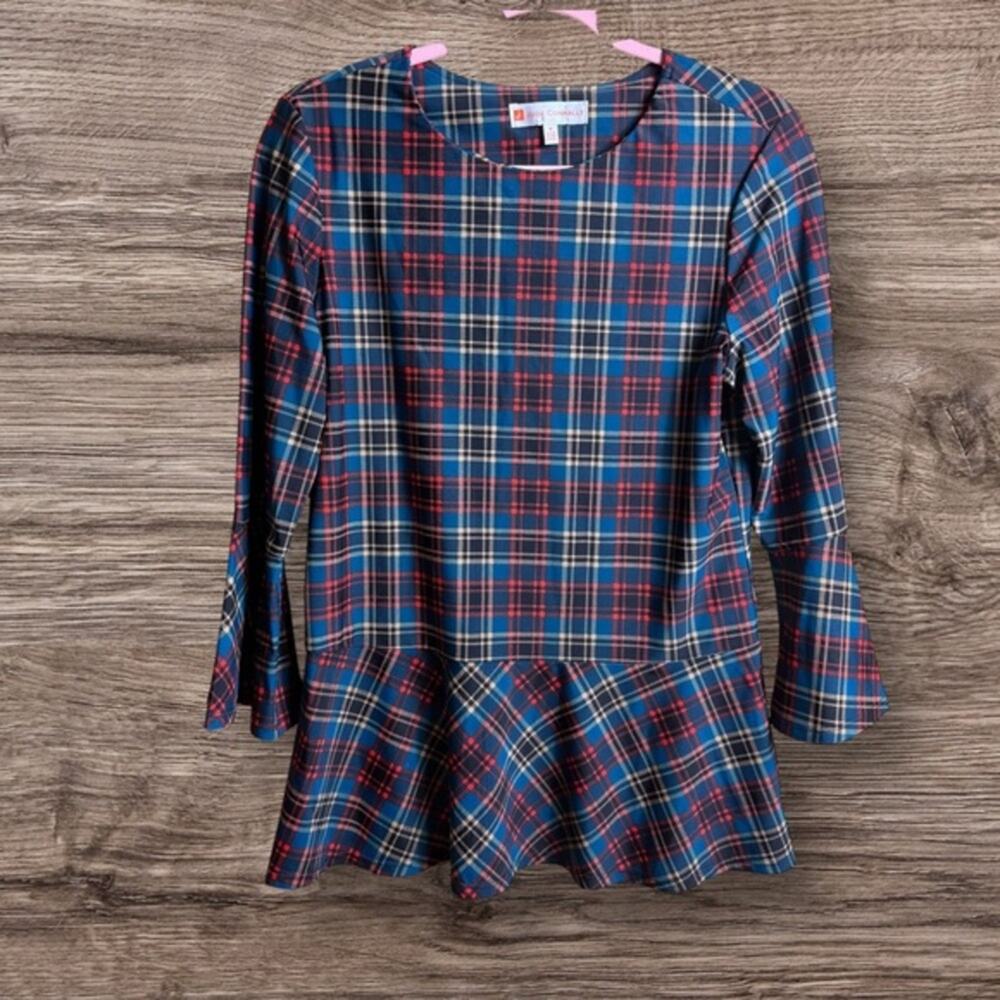 Jude Connally bell sleeve blouse in a blue red plaid. Medium